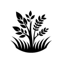 A stark, minimalist silhouette of a tree with leaves and grass, presented in bold black against a pristine white background. vector