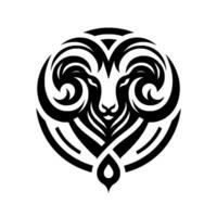 Minimalist black and white symmetrical tribal illustration of a rams head, enclosed in a circle, evoking strength and nature. vector