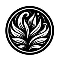Elegant Black and White Floral Emblem A symmetrical of stylized leaves and curves, encased in a doublelined circle against a stark white backdrop. vector