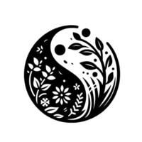 Yin Yang symbol reimagined A balanced interplay of nature, with floral elements and botanical forms elegantly arranged within the iconic shape in contrasting black and white tones. vector