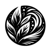 Intricate Black and White Circular Illustration of Stylized Leaves and Swirls, Dot Accents on a White Background. vector