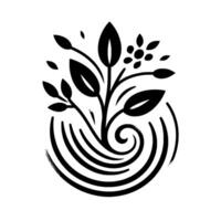Elegant Black and White Floral Illustration Stylized plant with leaves, buds, and flower, encased within a swirling element, set against a pristine white background. vector
