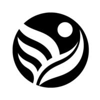 A stylized, black and white featuring curved lines and a leaflike motif within a circular frame, with a small circle. vector
