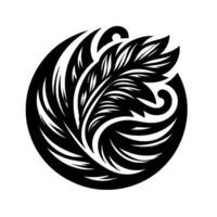 Circular, symmetrical black and white featuring stylized featherleaf elements with curved lines and a swirling aesthetic, reminiscent of tribal art. vector