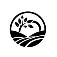 A minimalist, monochromatic emblem of a tree flourishing in a field within a circular frame, evoking growth and nature. vector