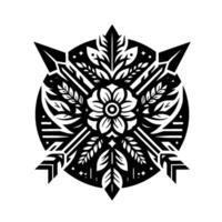 A symmetrical, blackandwhite emblem featuring a floral center, arrows, and leaf elements within a circular frame, set against a clean white background. vector