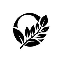 A minimalist black and white botanical depicting a stylized laurel branch partially encircling a circle, symbolizing growth and harmony. vector