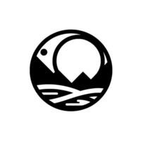 Minimalist Black and White Emblem Depicting a Fish Leaping Over Mountains and Water, Contained Within a Circular Frame. vector