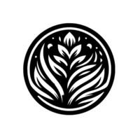 Intricate Black and White Emblem A Floral Medallion, Featuring Stylized Leaves and Petals in a Circular Design, Set Against a White Background. vector