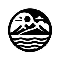 A stylized, circular monochrome illustration depicts a mountain range, sun, clouds and a body of water within a round border. vector
