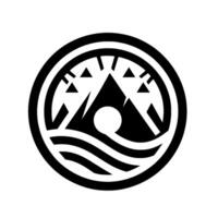 A minimalist monochrome emblem showcasing a mountain peak above stylized waves and a white circle, framed within a circular border. vector