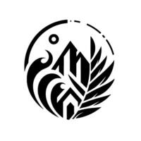 Monochromatic emblem depicting a stylized mountain scene, house, wave, and foliage within a circular frame, symbolizing nature and dwelling. vector