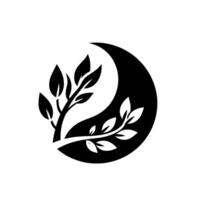 Yin and Yang stylized combining a trees branches with leaves and a crescent shape, offering balance and harmony. vector
