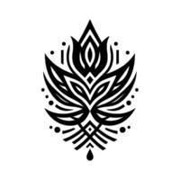 A symmetrical, monochrome floral showcasing sharp lines, intricate geometric patterns, and a stylized drop against a stark white backdrop. vector