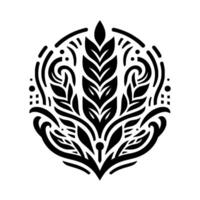 Elegant Black and White Circular Ornament Depicting a Stylized Floral Motif with Detailed Leaves and Curvilinear Elements, Resembling an Ancient Crest. vector