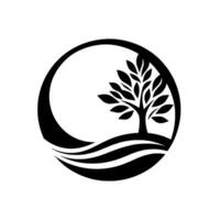 Minimalist Monochrome Tree and Landscape Enclosed in a Circle, Representing Growth and Nature. vector