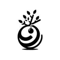 A stylized, monochrome featuring a treelike structure emerging from a rounded, letterlike form, suggesting growth and balance. vector