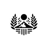 Stylized black and white emblem featuring a mountain range, sun, rain, wheat leaves, and horizontal lines. vector