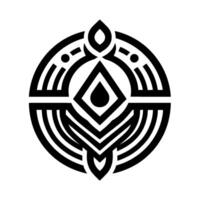 Intricate geometric featuring a central diamond with a teardrop, surrounded by circular and linear elements, set against a white backdrop. vector