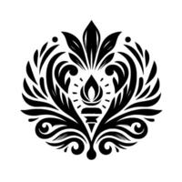 Elegant black and white symmetrical floral emblem centered around a stylized torch, with intricate swirling patterns and leaf motifs. vector