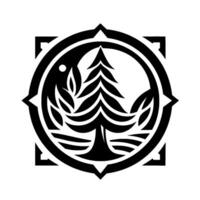 Intricate Black and White Emblem A Stylized Pine Tree within a Circle and Square Frame, featuring Decorative Foliage. vector