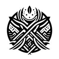 Symmetrical Black and White Geometric Design, Circular Arrangement with Overlapping Lines and Abstract Leaf Detail, on White Backdrop. vector
