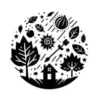 Whimsical Black and White Illustration of a House, Trees, and Natural Elements Within a Circle, Evoking a Sense of Tranquility and Nature. vector