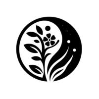 Yin Yang Floral Emblem A stylized, monochromatic featuring a flower and foliage in the white half and a constellationlike pattern in the black half of a circular composition. vector