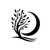 A minimalist, black and white featuring a stylized tree with leaves, nestled beside a crescent moon on a white background, symbolizing growth and serenity. vector