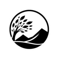 A monochrome circular with a stylized tree and mountains, conveying a sense of natures strength and balance, encapsulated within a minimalist design. vector