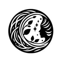 A circular monochrome representing a womans profile intertwined with floral elements, stars and flowing shapes, in a minimalist design. vector