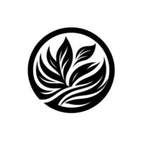 A stylized, symmetrical black and white botanical emblem depicting leaves and flowing lines within a circular frame, suggesting growth and vitality. vector