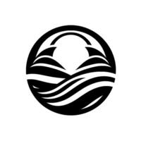 Abstract Black and White Circle Composition Featuring Stylized Waves, Mountains, and Sky Elements for a Modern Aesthetic. vector