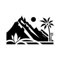 Silhouette of a mountain range featuring a castlelike structure, sun, and palm tree, in stark black and white, evoking travel. vector
