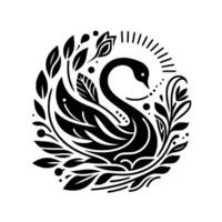 Elegant Black Swan in Floral Circle Minimalist with Leafy Embellishments, Symbol of Serenity and Grace. vector
