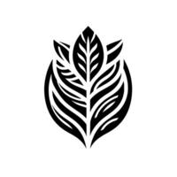 A minimalist, symmetrical black and white botanical featuring stylized leaves arranged in a central cluster within an oval shape. vector