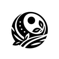 Black and white minimalist yinyanginspired design, with a circle containing a moon shape and a sun, surrounded by leaves and decorative elements, conveying balance. vector