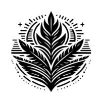 Intricate black and white botanical mandala with symmetrical, stylized leaves, radiating lines, and dotted border, evoking a sense of harmony and balance. vector