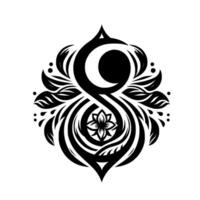 Intricate Monochrome Mandala Design Serene floral motif with stylized shape, accented by a crescent, droplets, and ornate leaves, on white. vector