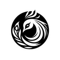 Elegant stylized circular depicting a white swan or phoenix in a graceful, swirling embrace, set against a contrasting black background. vector