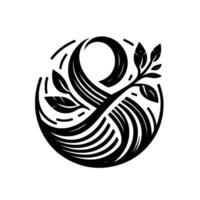 A stylized black and white of a circle intertwined with flowing lines and a leafy sprig, evoking natures balance. vector