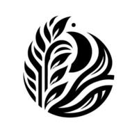 Abstract botanical illustration with stylized leaves and flowing lines, forming a black and white circular on a clean white background. vector