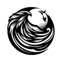 A circular, monochrome illustration features a stylized bird or avian intertwined with stylized mountains and featherlike patterns within a swirling composition. vector