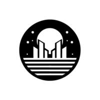 A minimalist, circular depicting a stylized cityscape at night, with a large moon and starry sky above a horizon. vector
