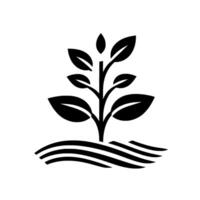 Simple black and white illustration of a young plant with leaves emerging from stylized ground on a clean white background, creating a clean and minimalistic design. vector