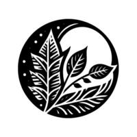 Stylized Black and White Floral and Foliage Composition Within a Circle with a MoonLike Element and Starry Night Effect. vector