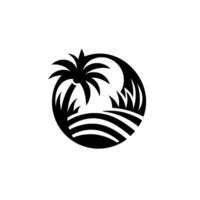Minimalist black and white circular depicting a tropical scene featuring a palm tree, grass, and stylized landscape. vector