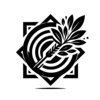 Abstract Black and White Composition Geometric Star and Circle Interplay with a Leafy Branch, Emphasizing Symmetry and Clean Lines on a White Background. vector