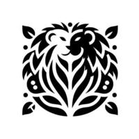 Stylized YinYang Lion Face with Floral Elements, BW, Symmetric on White Background. vector