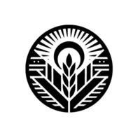Stylized Black and White featuring a wheat stalk within a circle, surrounded by radiating lines suggestive of sun or light, and abstract architectural elements. vector